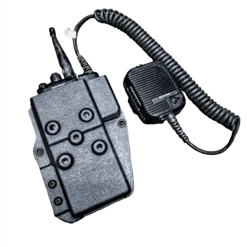 Handheld Harris XG-75 Radio with lapel mic in an XG-75 Radio Holder