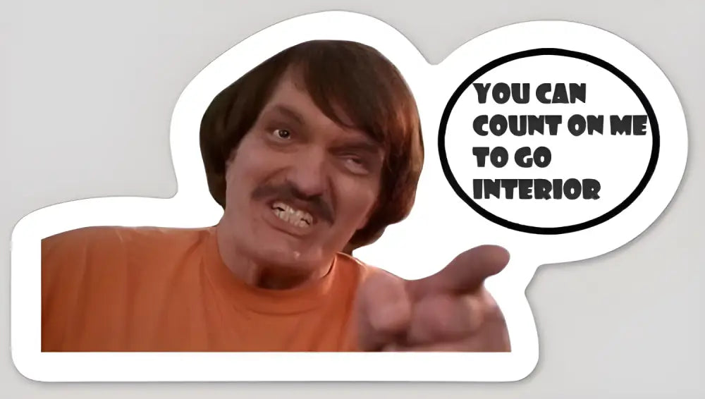 Sticker-style meme with bowl haircut character promoting Happy Gilmore Interior