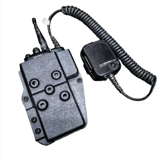 Two-way radio with handheld mic and cord in Harris XG75 Radio Holder for G-Code Paddles