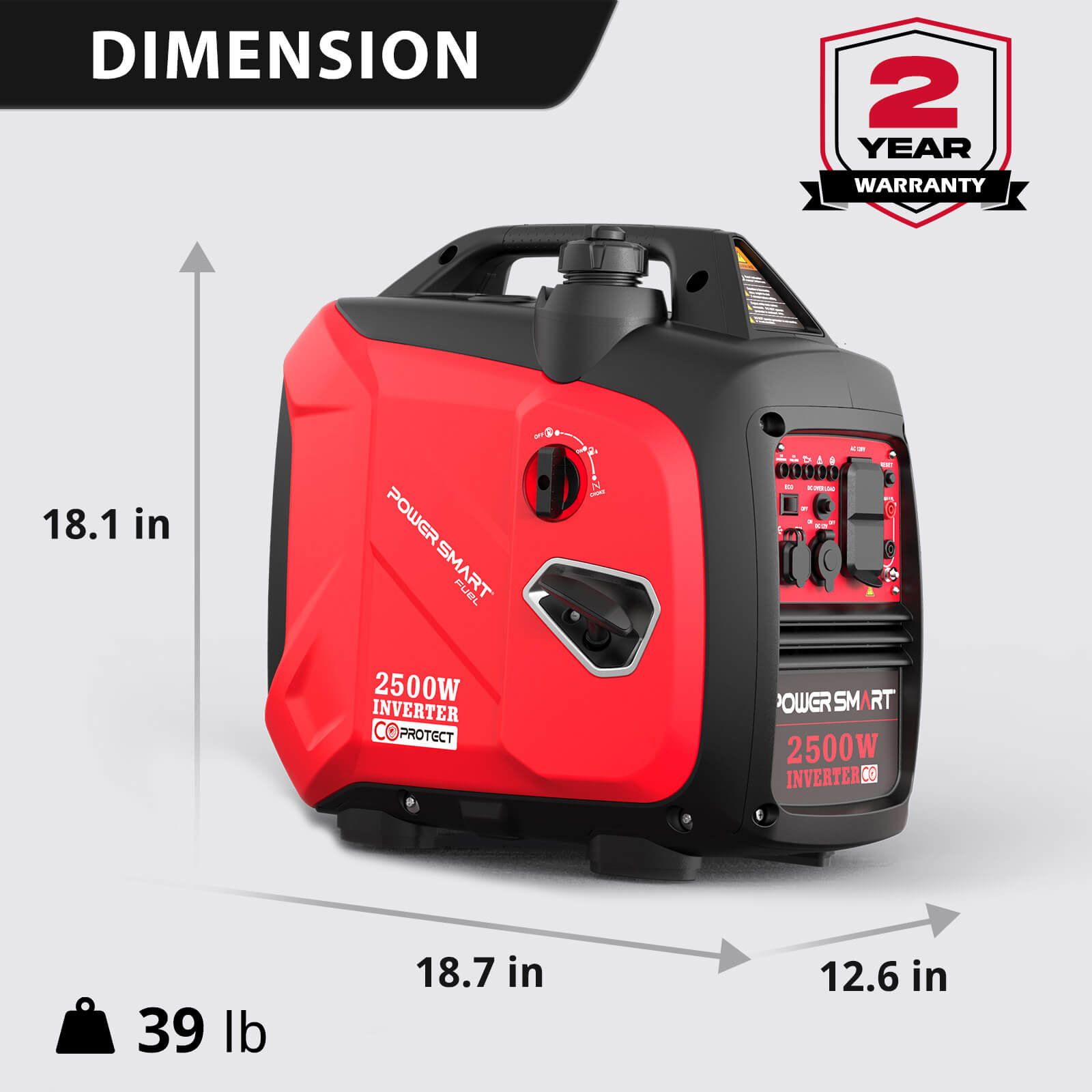 Close-up of the 2500W Inverter Gas Generator w/ CO Alert HB5020C control panel, emphasizing its quiet portable generator features.