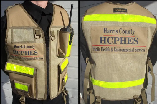 Tan HCPHES Safety Vest with reflective yellow stripes for Public Health & Environmental Services