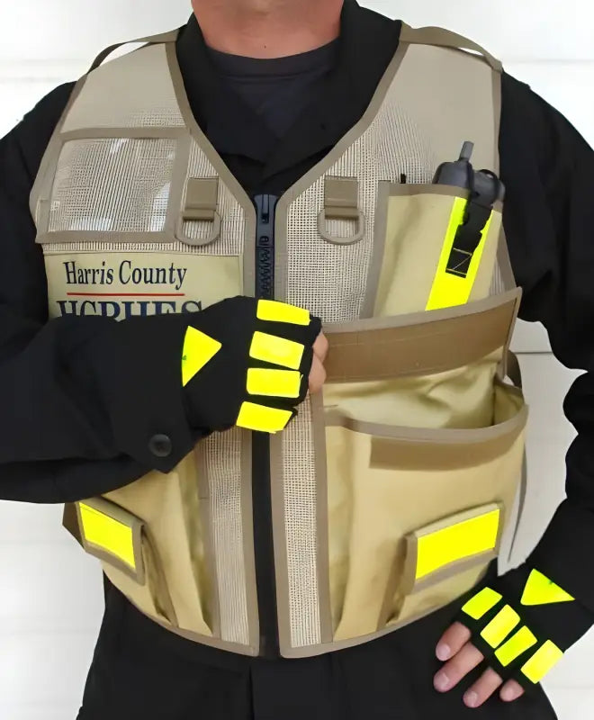 Tan HCPHES Safety Vest with reflective yellow accents and Harris County marking