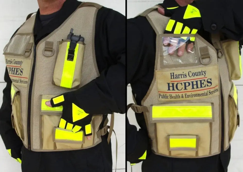 Tan HCPHES Safety Vest with high-visibility yellow patches and labeling