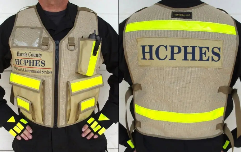 Tan HCPHES Safety Vest with reflective yellow stripes for emergency services personnel