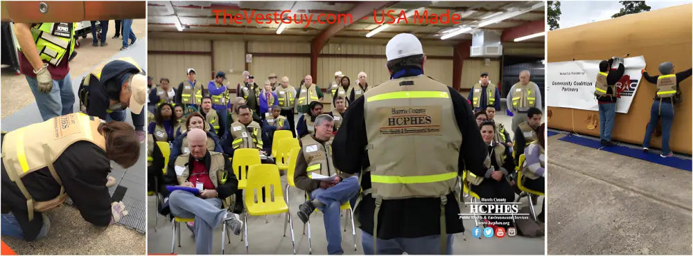 Three photos of emergency response training featuring HCPHES Safety Vest activities