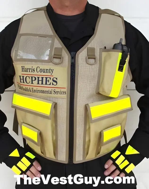 Tan HCPHES Safety Vest with yellow reflective panels for enhanced visibility and safety