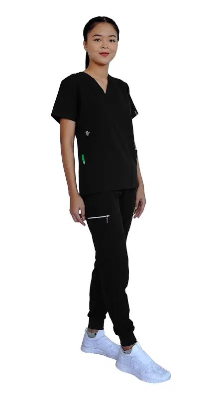 Healthcare worker in black scrubs showcasing Women’s Stretch Slim Fit Zipper Jogger Uniform