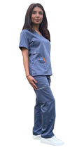 Healthcare worker in blue scrubs showcasing Women’s Gentle Stretch Slim Fit Zipper Set ST88