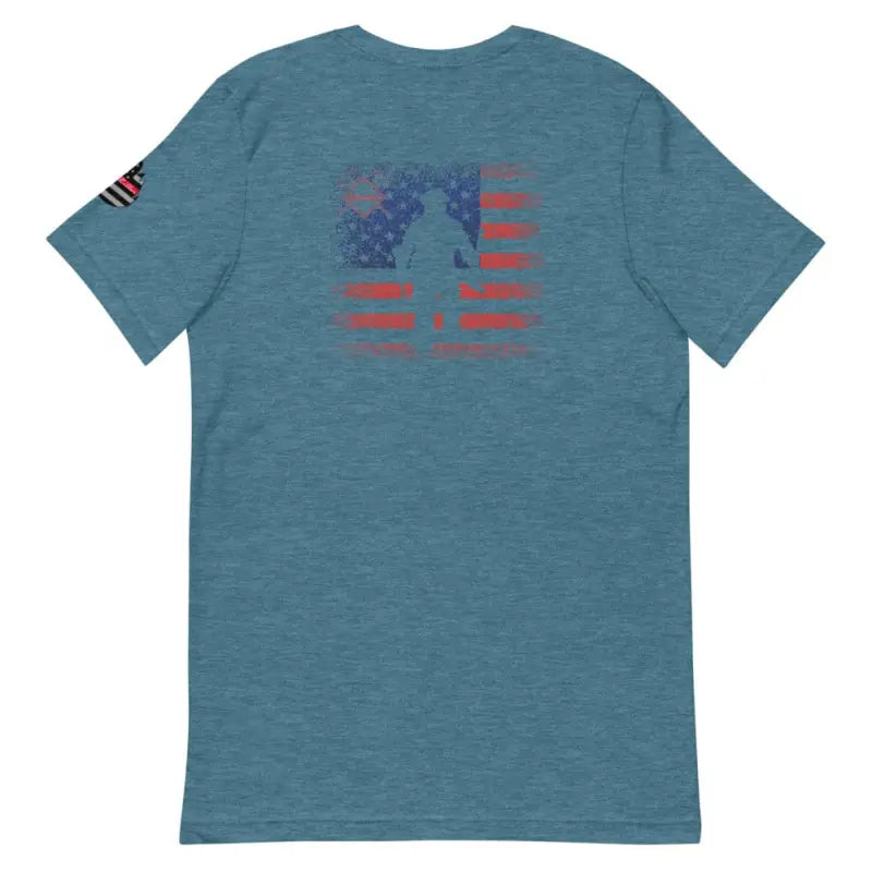 Heather blue t-shirt featuring American flag design for Flag Firefighter collection