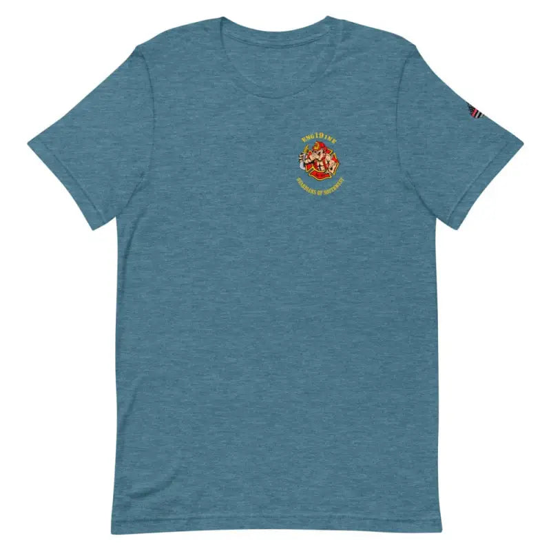 Heather blue t-shirt with colorful logo, part of Engine 19 collection