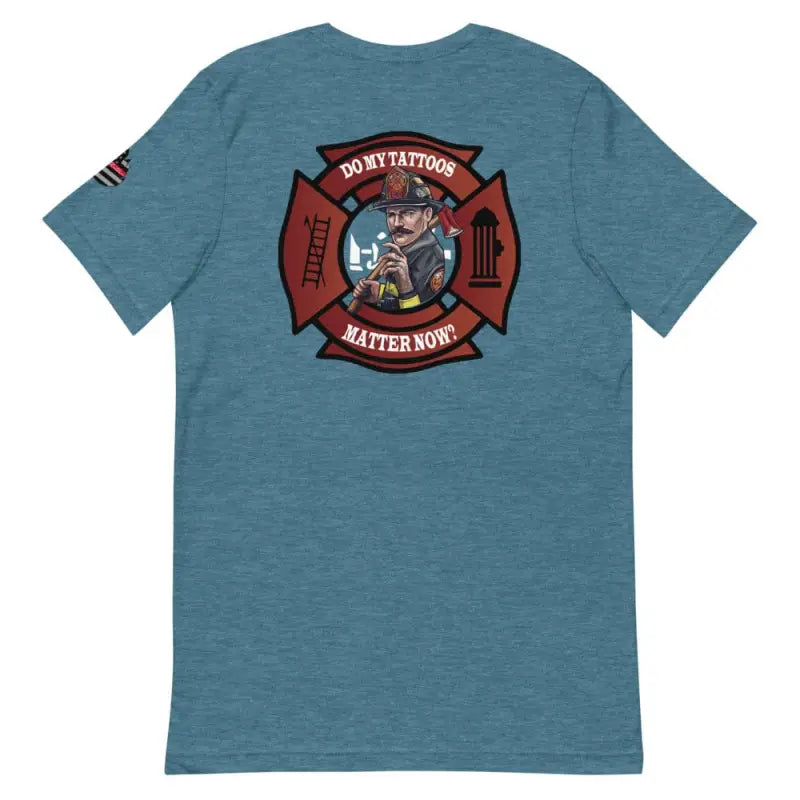 Heather blue t-shirt with firefighter Maltese cross design from Do My Tattoos Matter Now collection