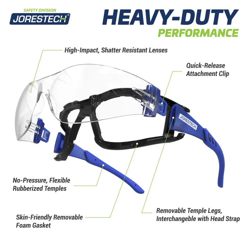 Heavy-duty anti-fog safety glasses convertible with removable foam seal and temple legs