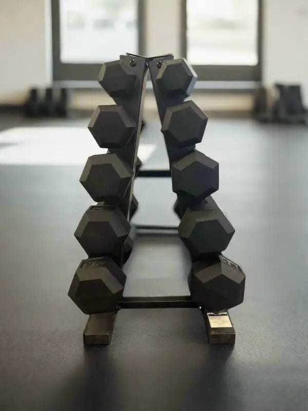 Hexagonal dumbbell rack showcasing SFE A-Frame Dumbbell for efficient storage