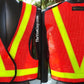 Red high visibility 5pt breakaway safety vest with reflective yellow V-pattern stripes