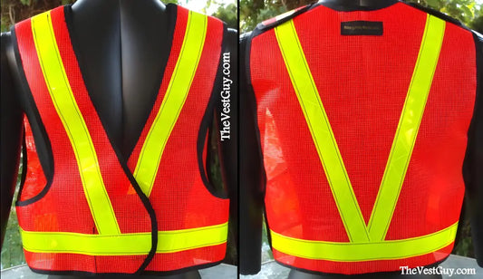 Red high visibility 5pt breakaway safety vest with reflective yellow V-pattern stripes