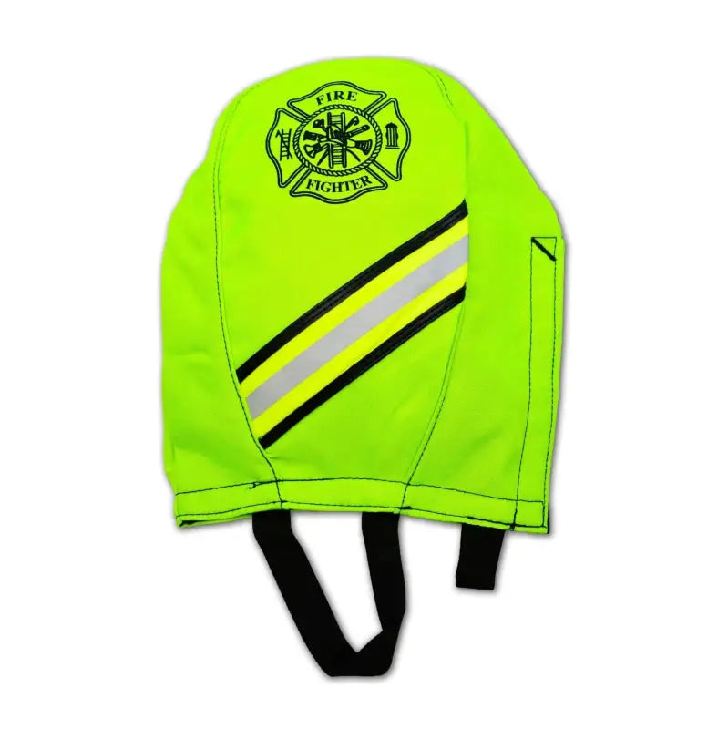 High-visibility neon yellow firefighter helmet cover on Fleece Lined SCBA Mask Bag