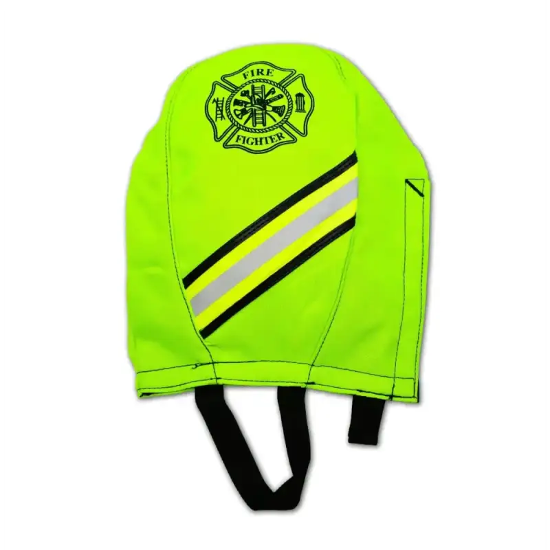 High-visibility neon yellow firefighter helmet cover with reflective stripes for SCBA mask bag