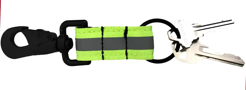 High-visibility neon yellow firefighter key ring with heavy duty black hook and keys