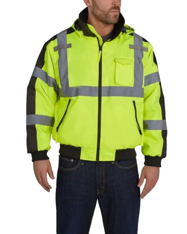 High-visibility neon yellow UHV575 HiVis 3-Season Bomber Jacket with Teflon Fabric Protector