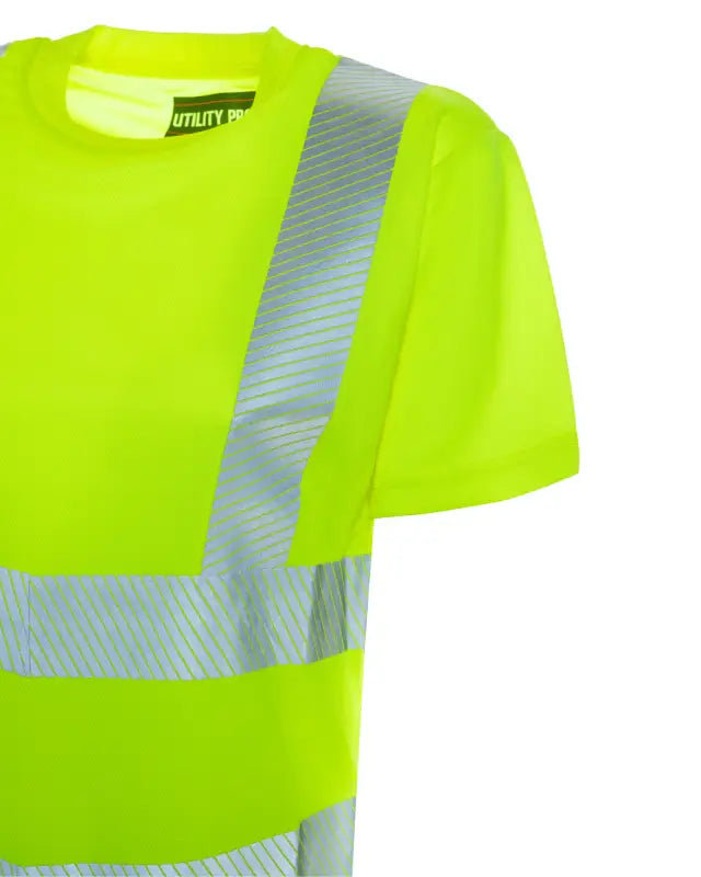 High-visibility neon yellow UHV997 Women’s HiVis Short Sleeve Tee with reflective stripes