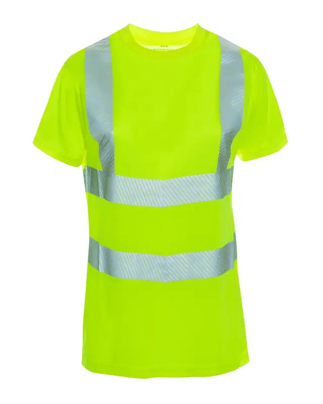 High-visibility neon yellow UHV997 Women’s HiVis Short Sleeve Tee with reflective stripes