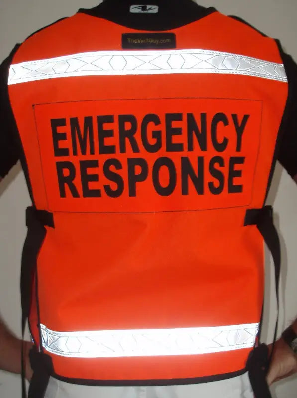 High-visibility orange emergency response reflective vest with reflective stripes