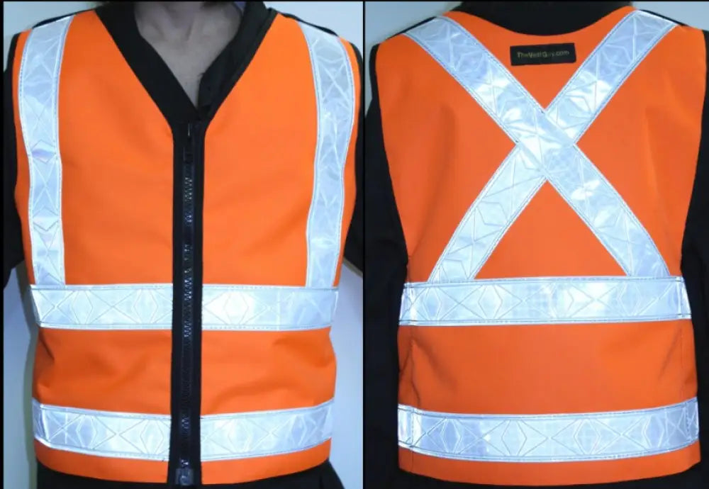 High-visibility orange ANSI Class 2 safety vest with reflective stripes and black trim