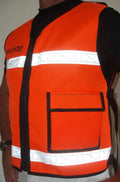 High-visibility orange emergency response reflective vest with reflective stripes and pocket