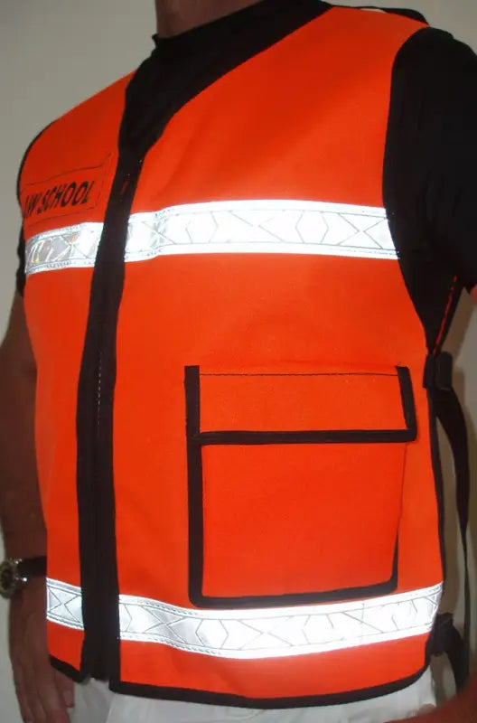 High-visibility orange emergency response reflective vest with reflective stripes and pocket