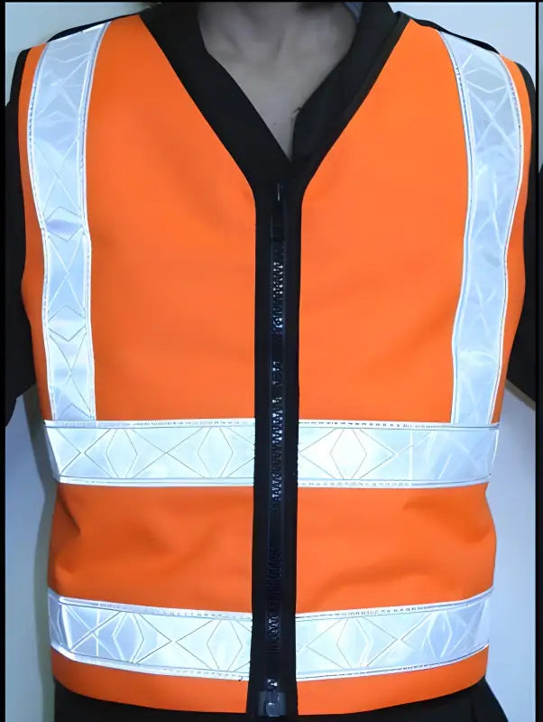 High-visibility orange ANSI Class 2 safety vest with reflective stripes and black trim