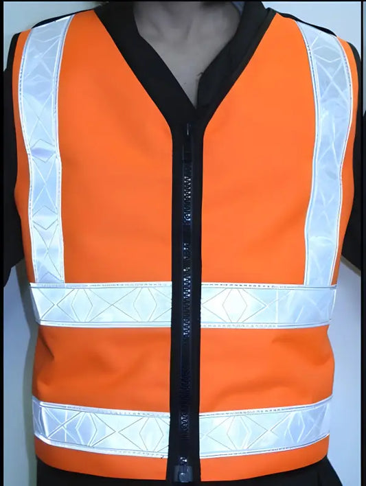 High-visibility orange ANSI Class 2 safety vest with reflective stripes and black trim