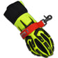 High-visibility firefighter glove strap with black impact protection and red wrist strap