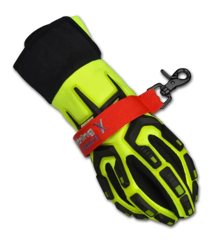 High-visibility firefighter glove strap with black impact protection and red wrist strap