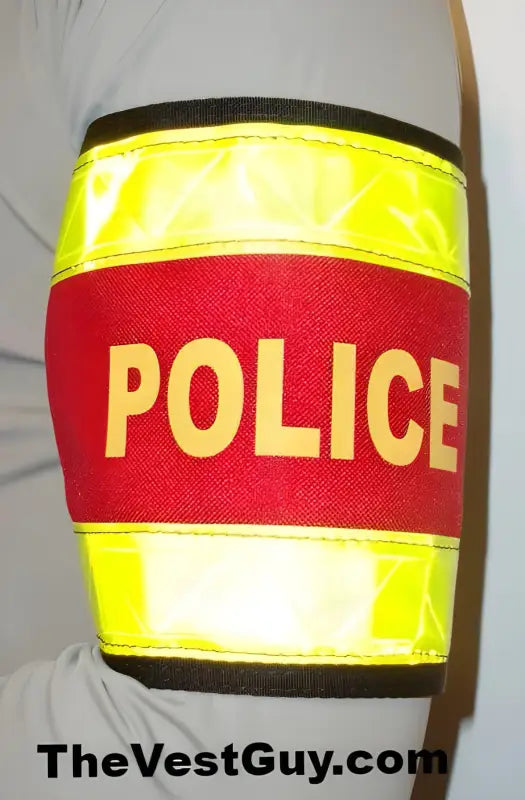 High-visibility police reflective armband featuring POLICE text in red and yellow