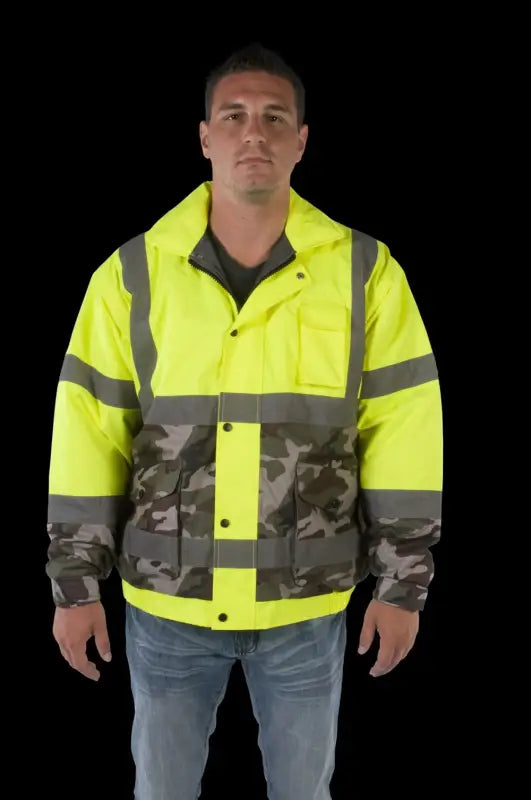 High-visibility safety jacket with camouflage accents, UHV561 HiVis Bomber Special Edition