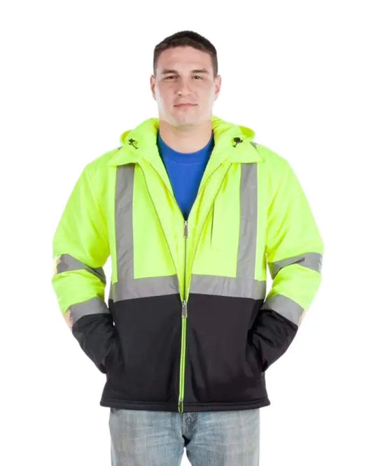 High-visibility UHV801 HiVis Soft Shell Jacket with neon yellow and black design