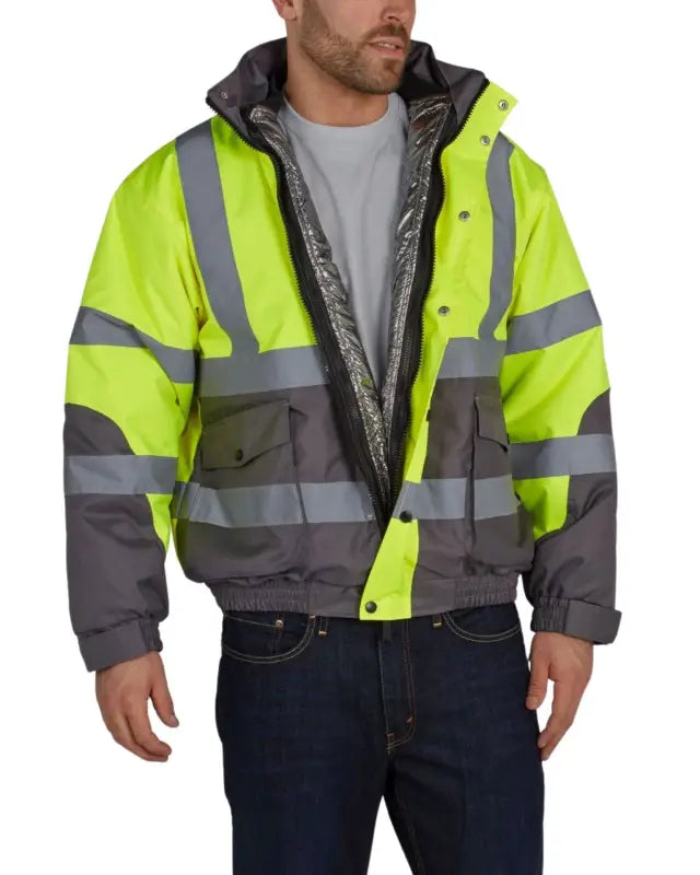 High-visibility UHV887 HiVis Warm 3-in-1 Jacket with reflective stripes and gray panels