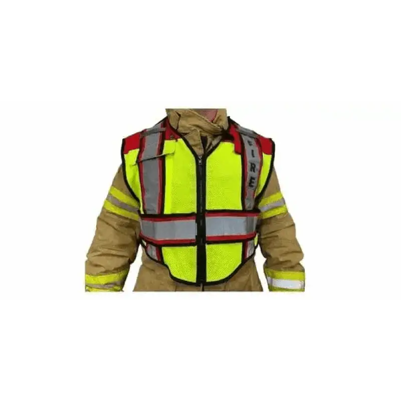 High-visibility red-fire public safety vest with reflective stripes and zipper closure