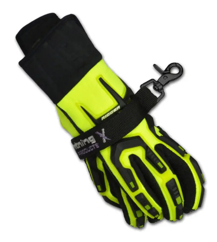 High-visibility yellow and black firefighter glove strap with clip attachment