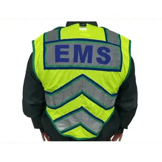 High-visibility yellow EMS public safety vest with reflective stripes and ultrabright green detail