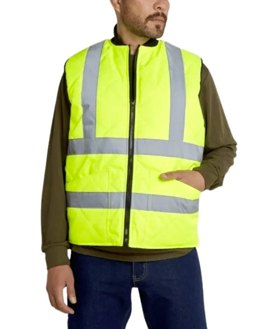 High-visibility yellow UHV919 HiVis WarmUP Insulated Safety Vest with reflective silver stripes