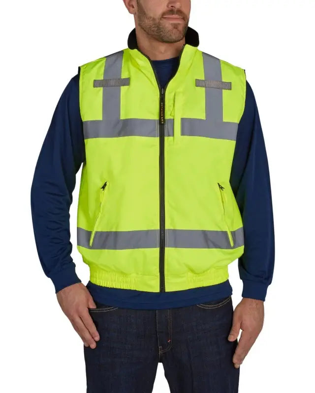 High-visibility yellow zip reversible insulated vest UHV1001 HiVis with reflective stripes