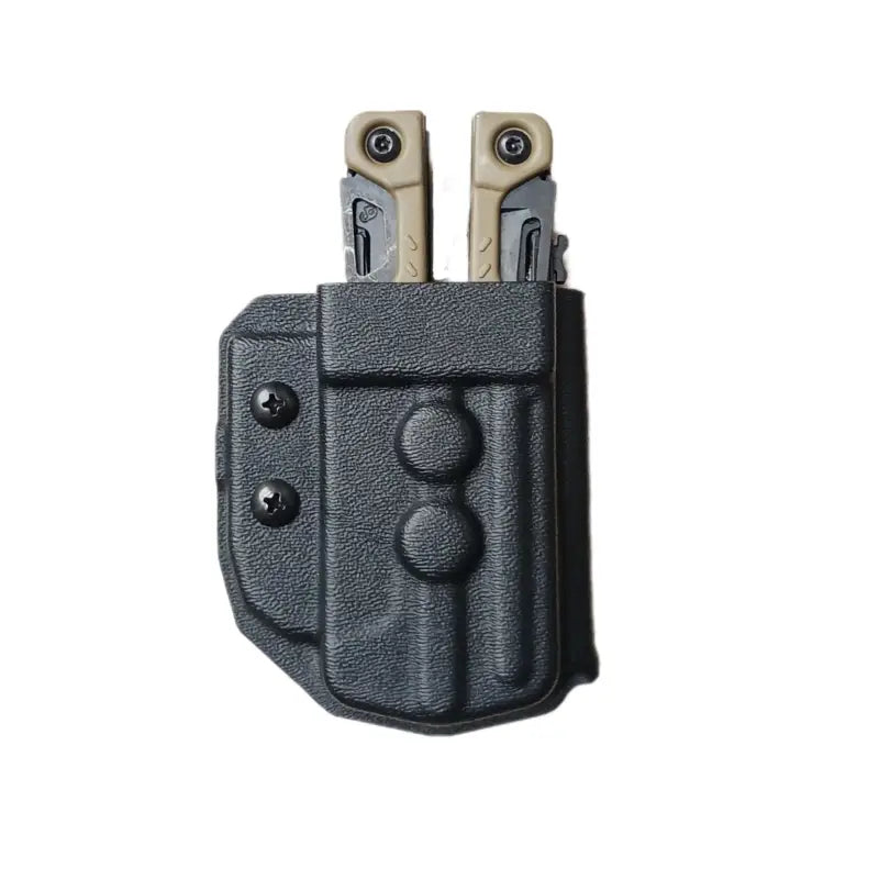 Black Kydex holster for Leatherman OHT with two magazine clips, ideal for first responders