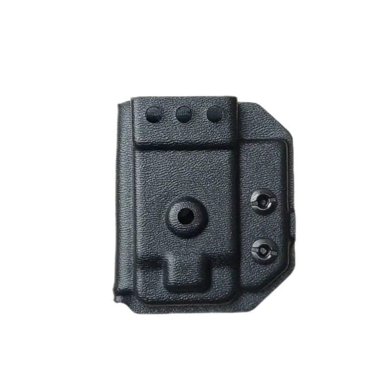 Black Kydex magazine carrier with mounting holes for Leatherman Supertool, ideal for first responders