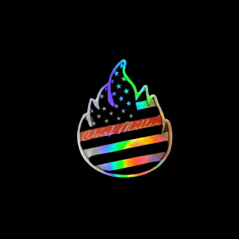 Holographic Chief Miller sticker with flame design, rainbow stripes, and stars