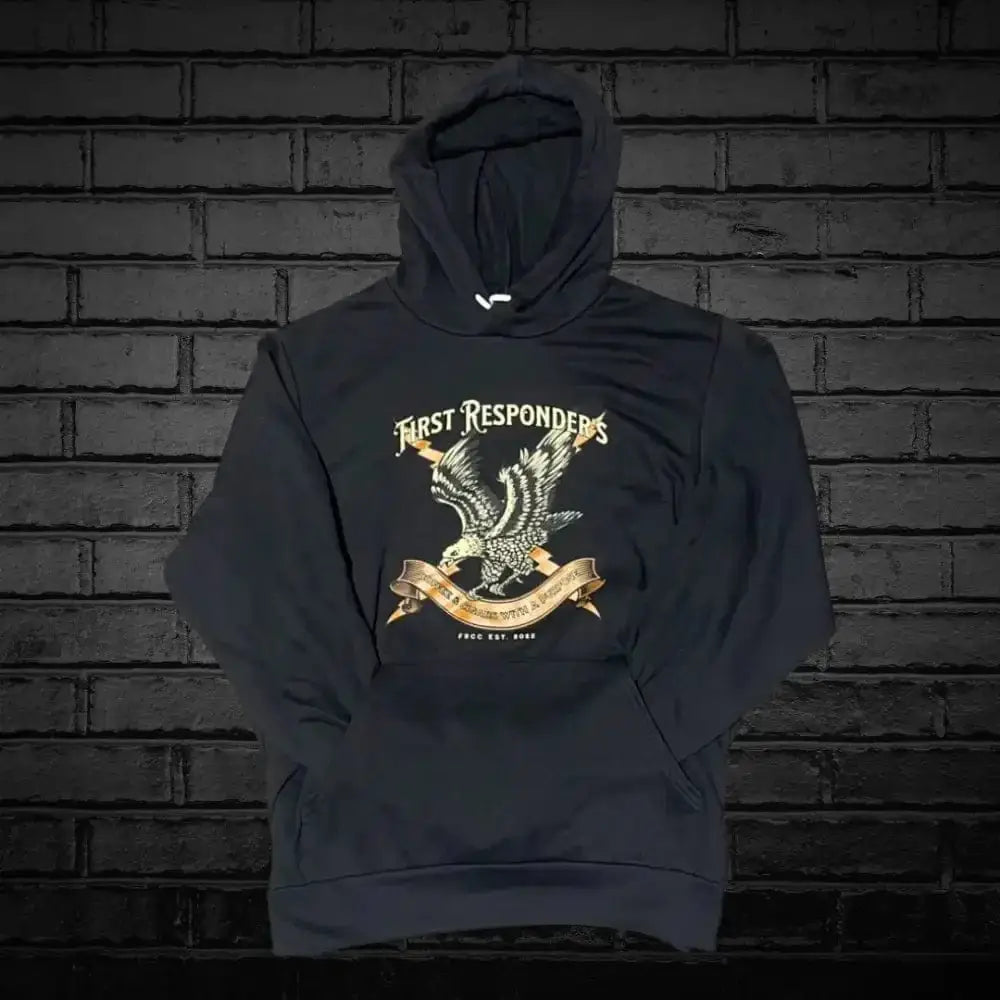 Navy blue Hoodie FRCC featuring First Responders eagle design and banner graphic