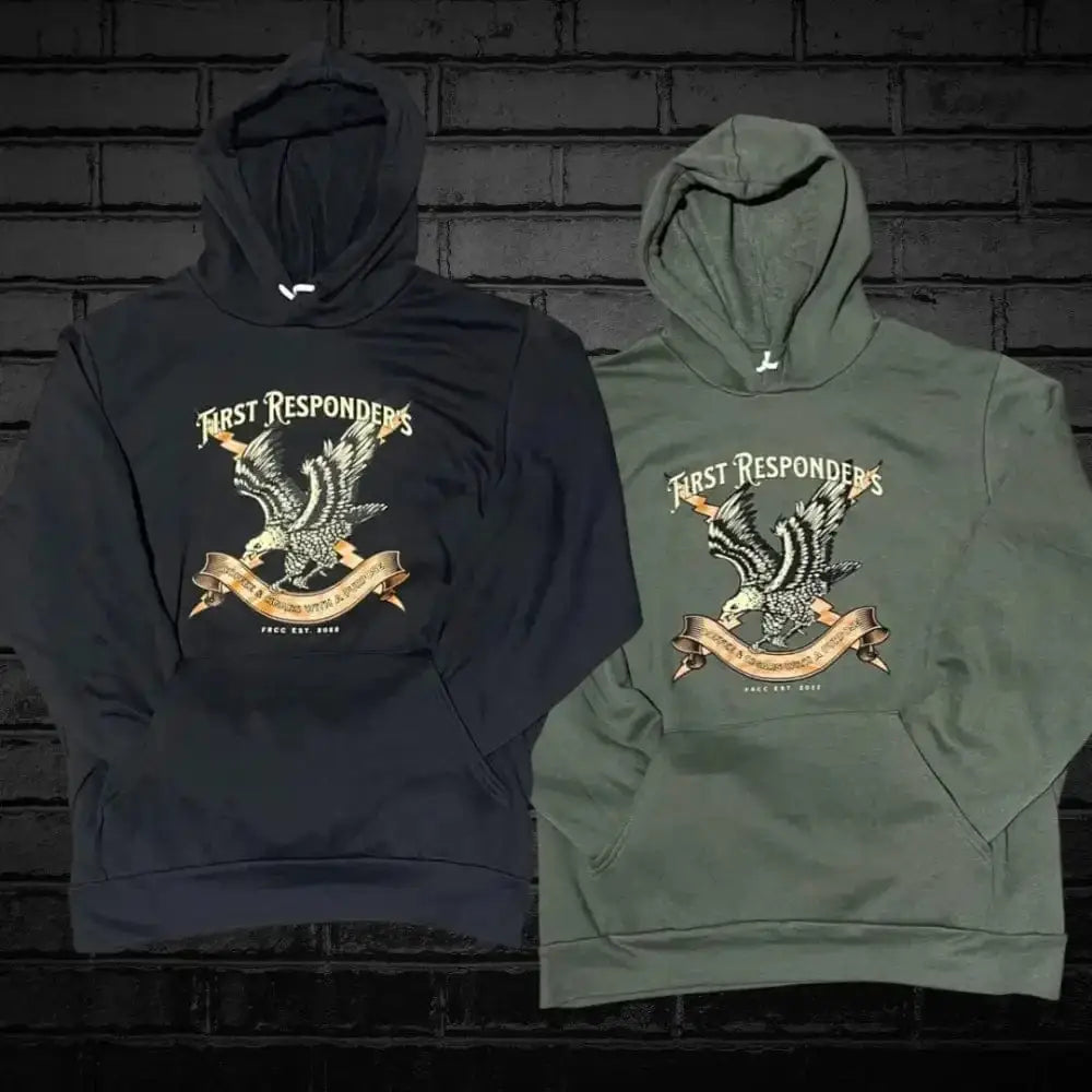 Two Hoodies FRCC in black and olive green featuring First Responders eagle designs