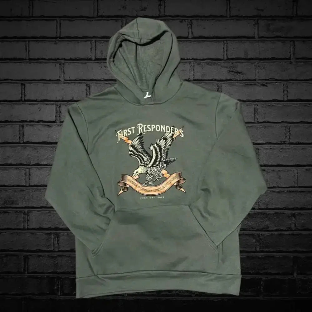 Olive green Hoodie FRCC featuring eagle design and First Responders graphic, sold