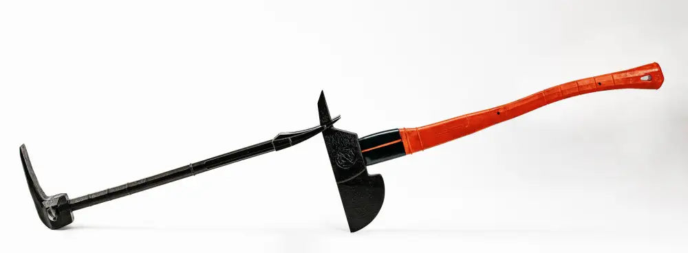 Fire hook tool with black metal head and orange composite handle, USA patented design