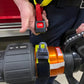 Fire hose nozzle with red and yellow safety straps for extrication tool carrying